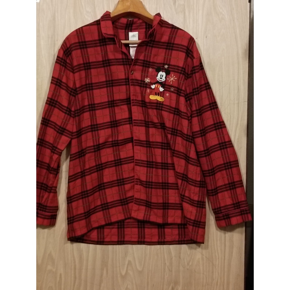 Disney Mickey Mouse Red Plaid Pajama Top Sz L Embroidered‎ Unisex.